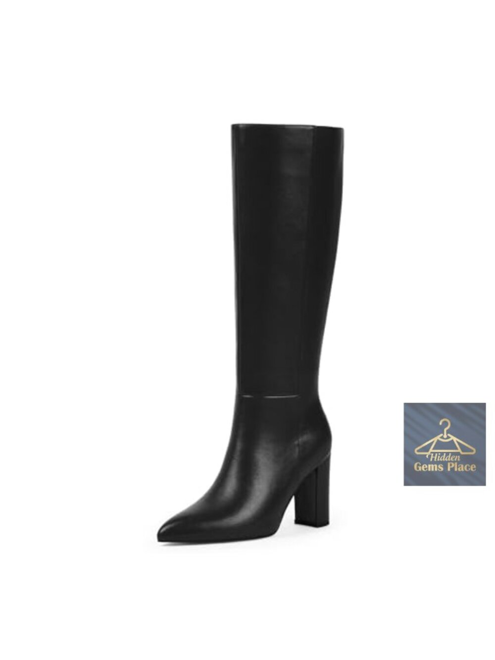 Knee High Boots Pointed Toe Chunky Heel Side Zipper Faux Leather Block Heel